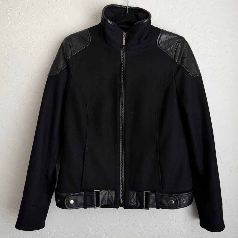 Trina Turk Women's Wool Quilted Leather Trim Moto Full Zip Jacket Black Sz 6